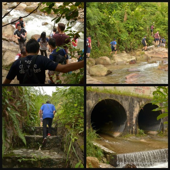 Top left: The path leads you further up the stream; Top right: Follow the rocks upstream and there’d be a path on the left; Bottom left: Walk up the steps and turn right to follow the wall back towards the stream; Bottom right: When you’ve reached this tunnel, you’re on the right track!